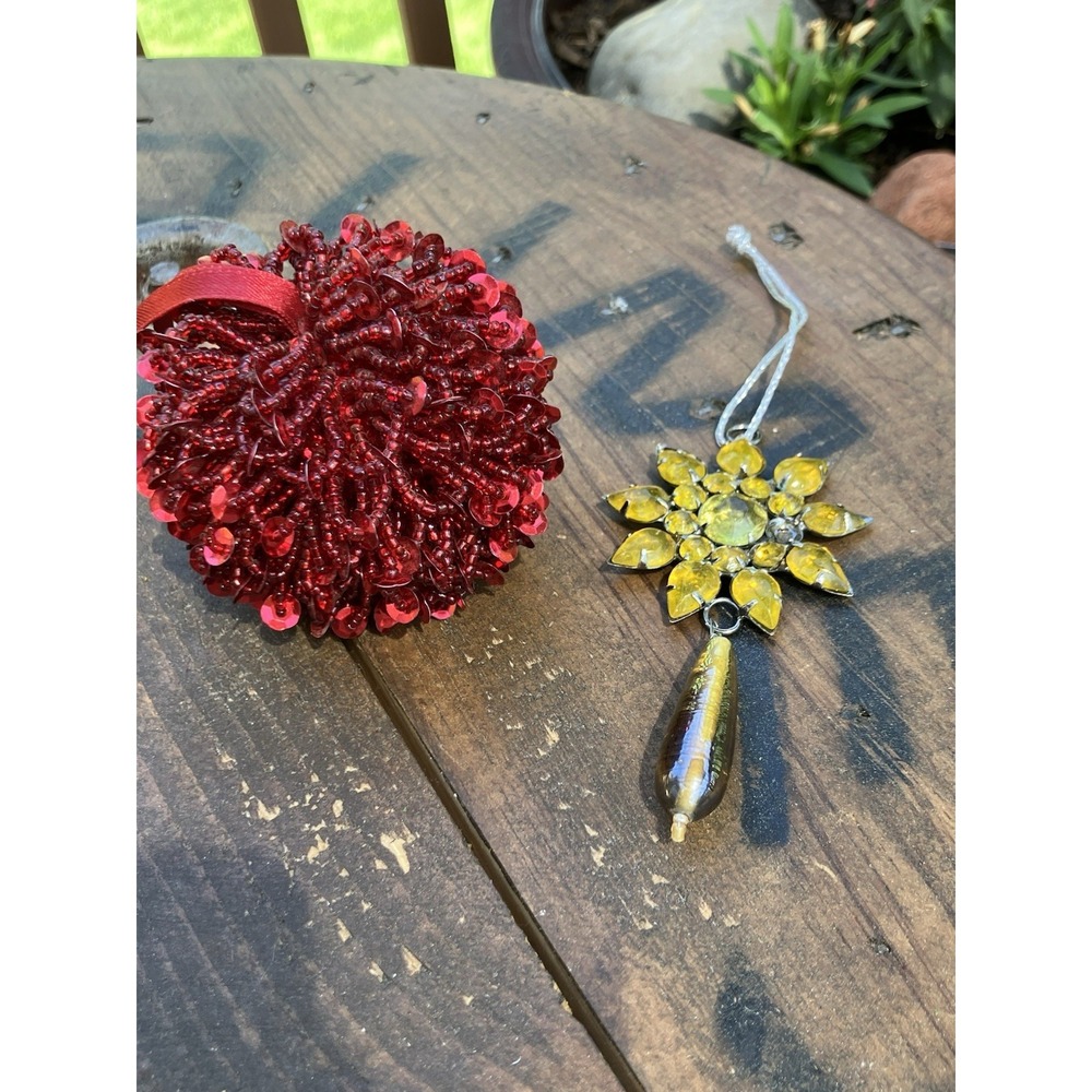 Vintage Christmas Ornaments Lot Rhinestone Snowflake & Red Beaded Ball Holiday